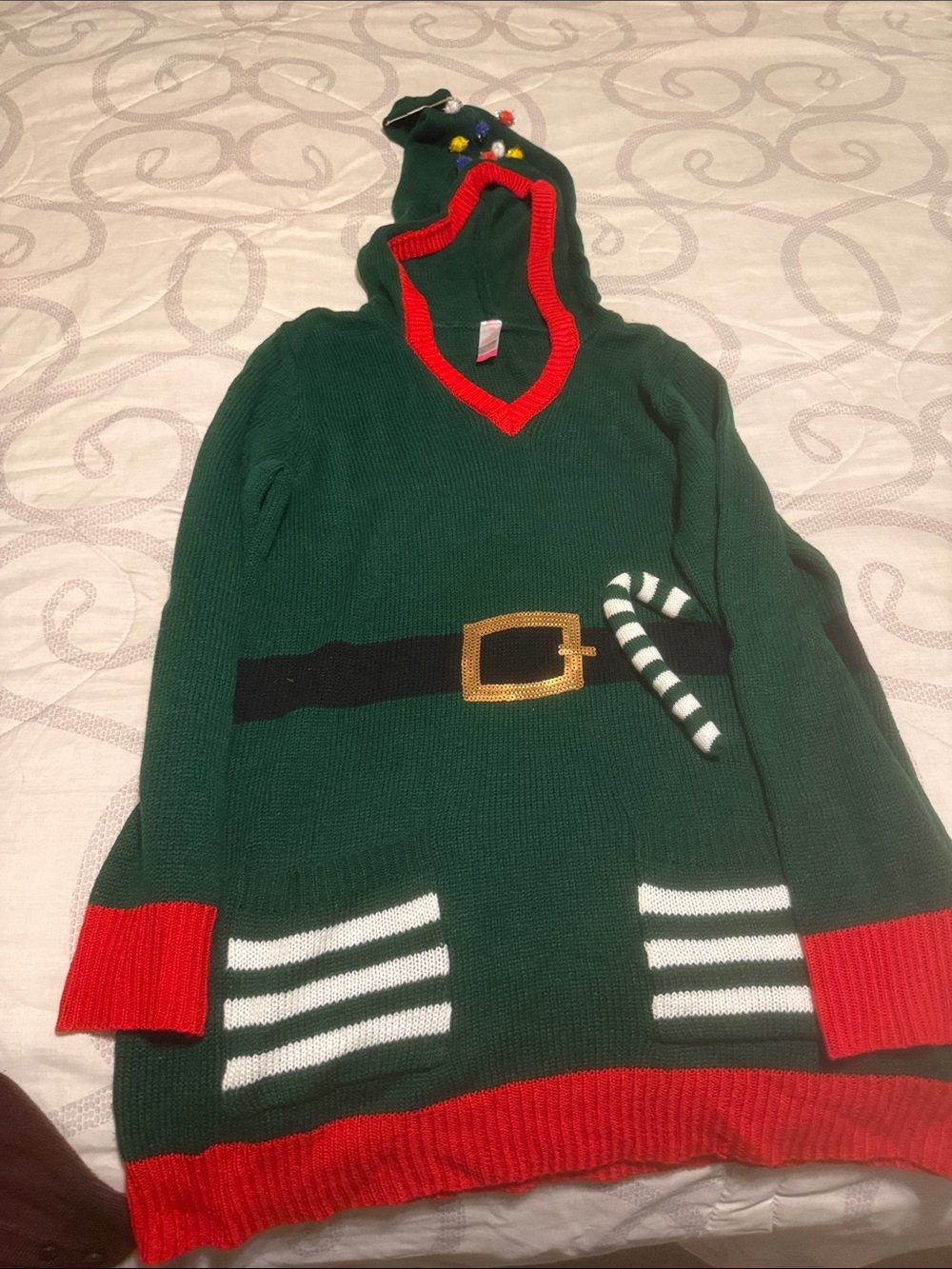 No Boundaries Green V‑Neck Elf Hoodie Sweater with Red Trim